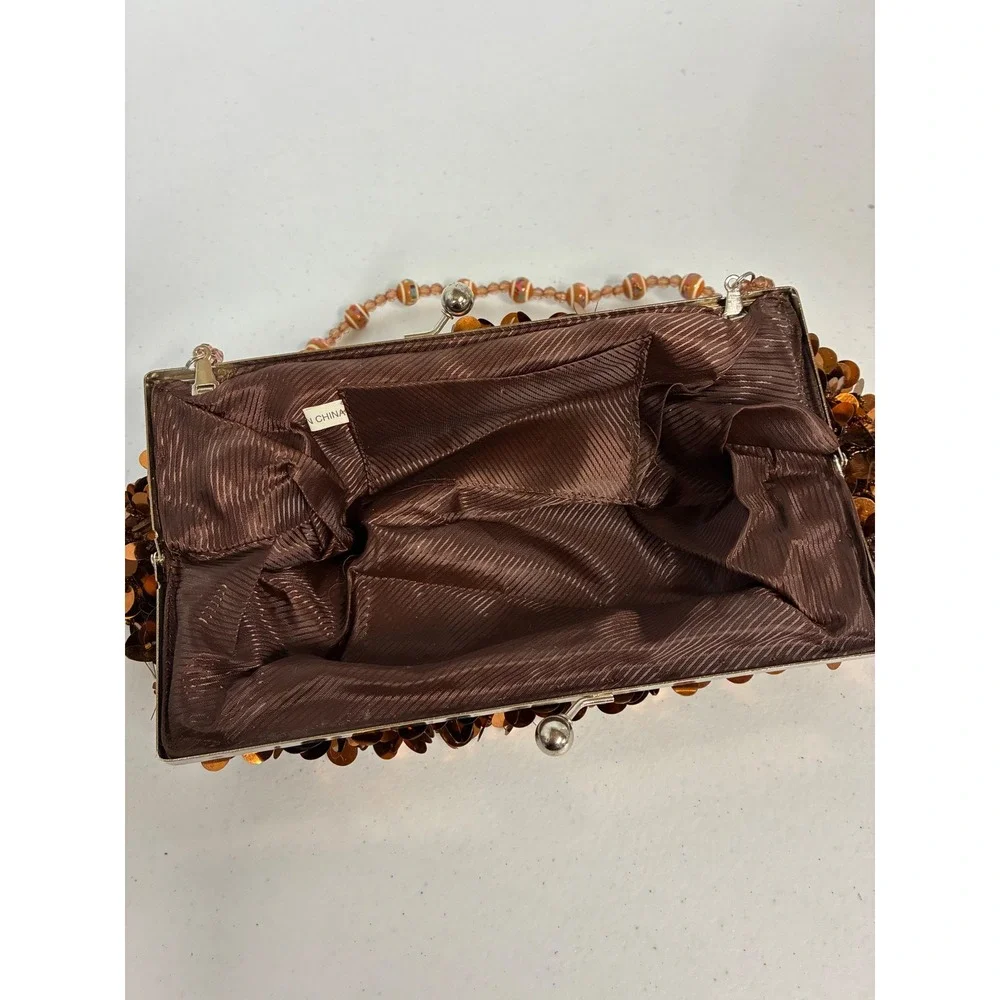 Vintage Copper Sequin Evening Clutch Bag Beaded Handle Bronze Kiss Lock Bag